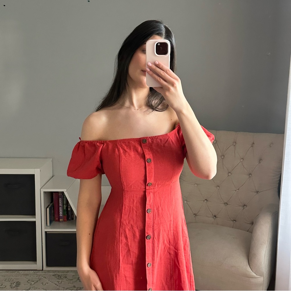 Red Linen Button Down Dress - Picture 4 of 9